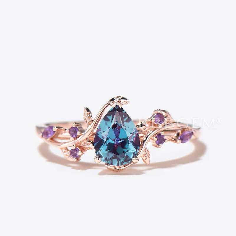 women emerald cut engagement rings -Twig Leaf Pear Color-Change Alexandrite Ring Nature Inspired Amethyst Ring