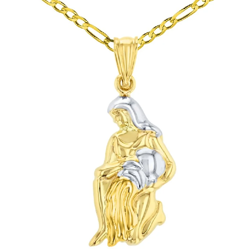 women minimalist necklaces -High Polish 14K Gold Aquarius Zodiac Sign Charm Pendant Figaro Chain Necklace - Yellow Gold