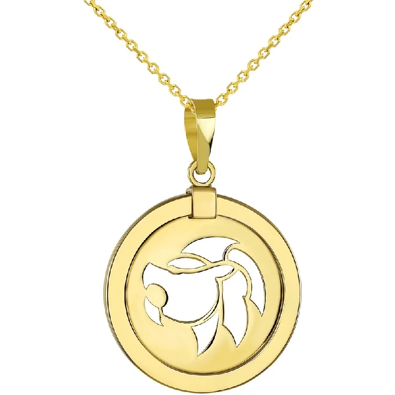 women crystal necklaces -14K Gold Reversible Round Lion Leo Zodiac Sign Pendant Necklace - Yellow Gold