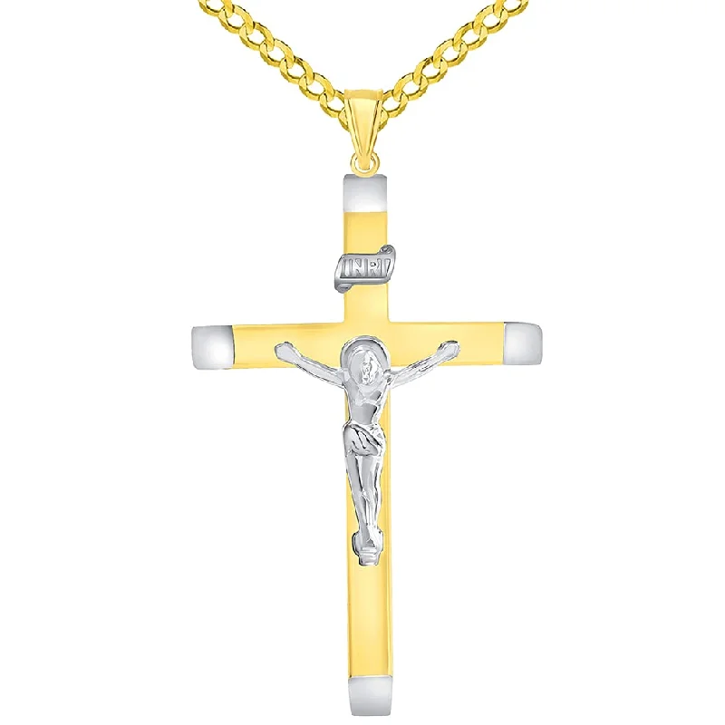 women simple pendant necklaces -14k Two-Tone Gold 4mm Thick INRI Tubular Large Crucifix Slanted-Edge Cross Pendant with Curb Chain Necklace