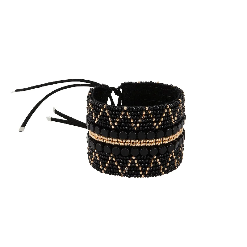 women gold-plated bangles -Wide Zigzag Leather Bracelet - BLACK/GOLD