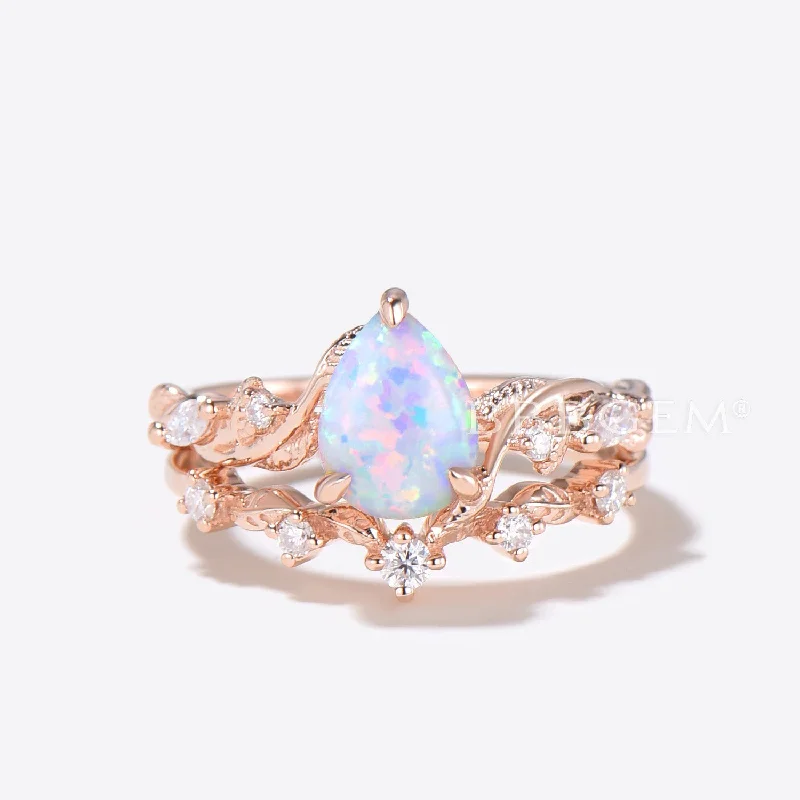 women double halo engagement rings -Nature Inspired Pear Shaped Opal Engagement Ring Rose Gold Leaf Ring