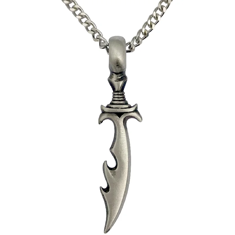 women engraved pendant necklaces -Pewter Scimitar Sword Pendant with Extra Large Bail, on Men's Heavy Curb Chain Necklace, 24"