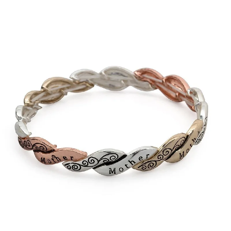 women engraved bangle sets -Three Tone Stretch Bracelet Mother