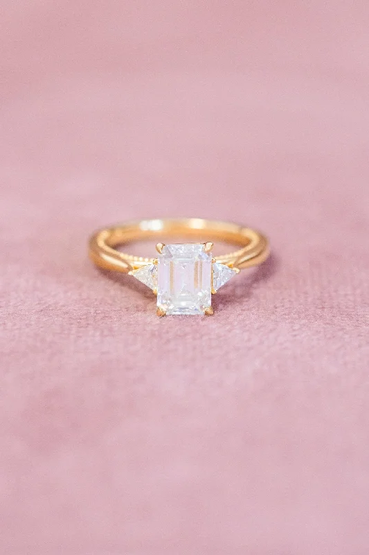 women solitaire rings -Emerald Cut Moissanite Three Stone Triangles Engagement Ring