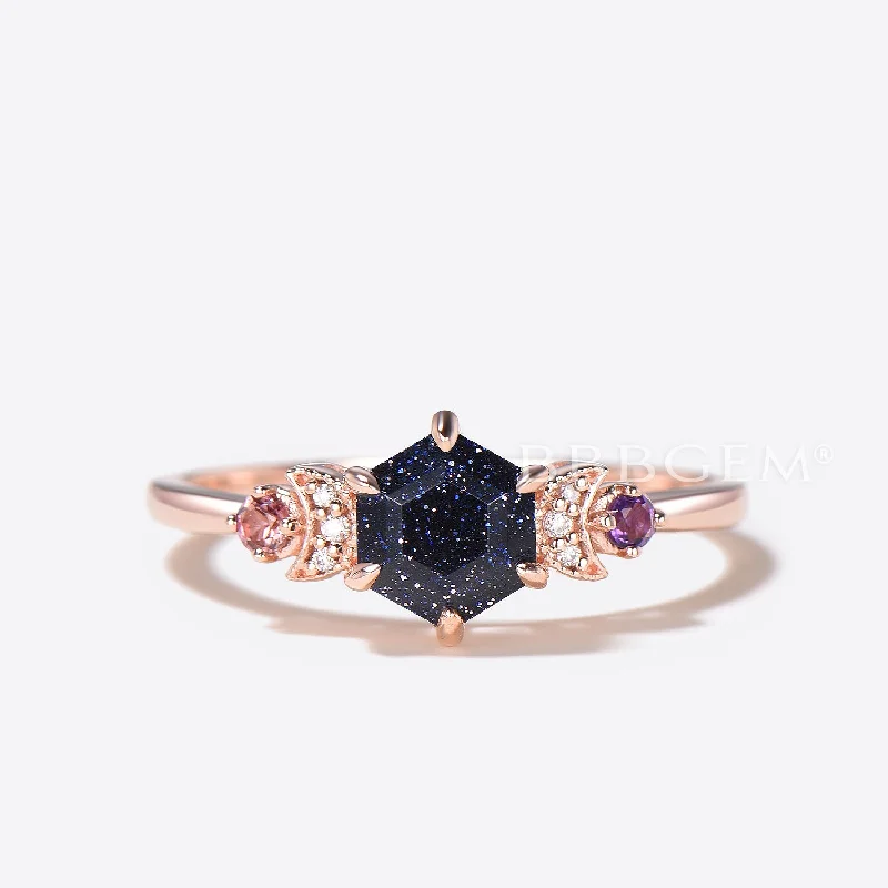 women ruby engagement rings -Hexagon Cut Blue Sandstone Engagement Ring Tourmaline Amethyst Cluster Ring