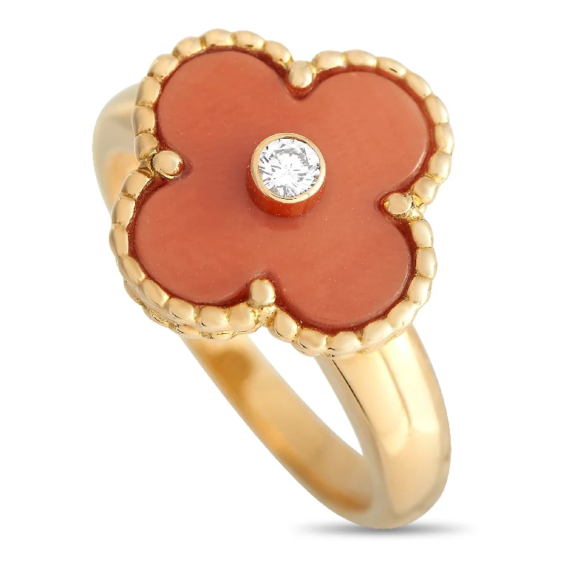 women halo diamond engagement rings -Van Cleef & Arpels Alhambra Diamond and Coral Ring VC09-030824