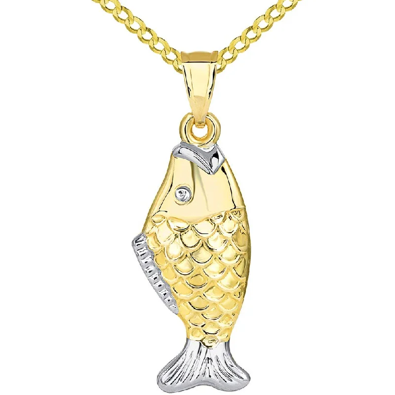 women stylish necklaces -14k Yellow Gold Well Detailed Two Tone 3D Bass Vertical Fish Pendant Cuban Necklace