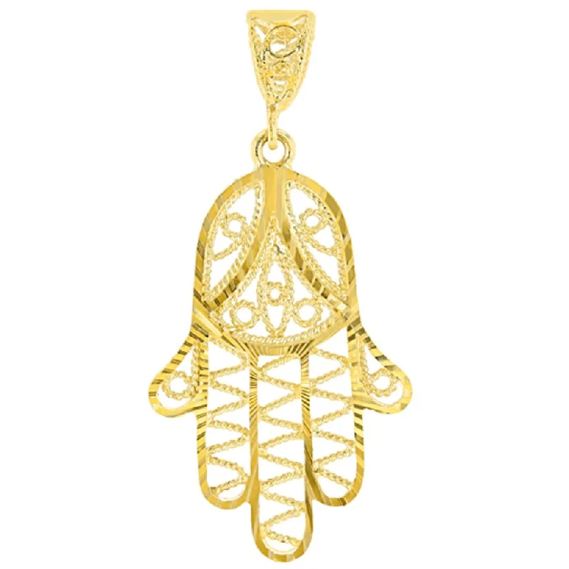 women halo necklaces -Solid 14K Gold Filigree Hamsa Charm Hand of God Pendant with Texture Finish - Yellow Gold