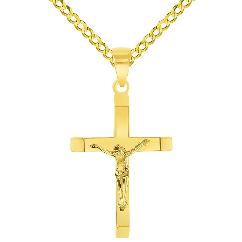 women trendy gold necklaces -14k Yellow Gold 3D Catholic Christian Crucifix Slanted-Edge Cross Pendant with Cuban Chain Curb Necklace