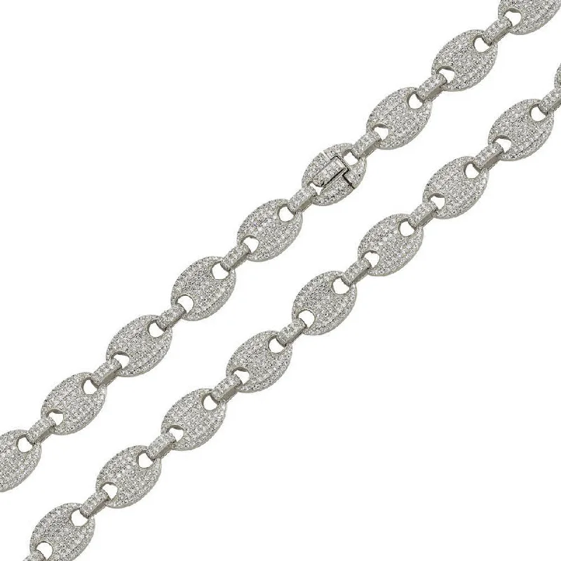 women charm bracelets -Rhodium Plated 925 Sterling Silver CZ Encrusted Oval Link Chain or Bracelet 11.8mm - CHCZ106 RH