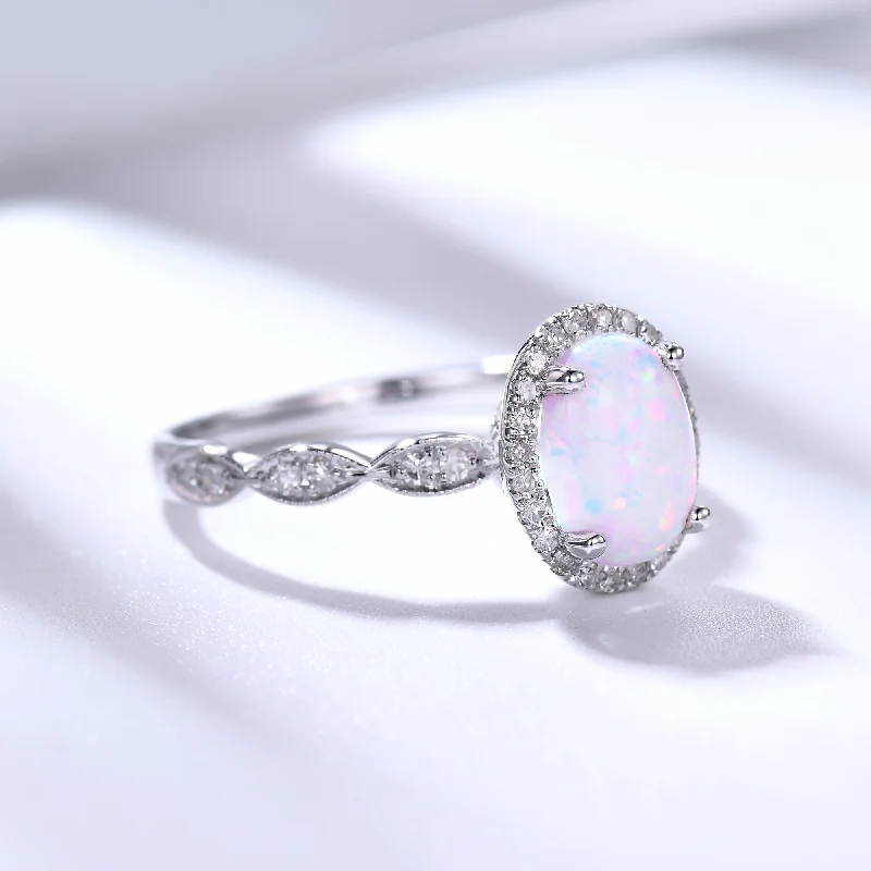 women vintage engagement rings -Classic Opal Engagement Ring Diamond Halo Art Deco 7x9mm Cut Oval Gemstone Ring