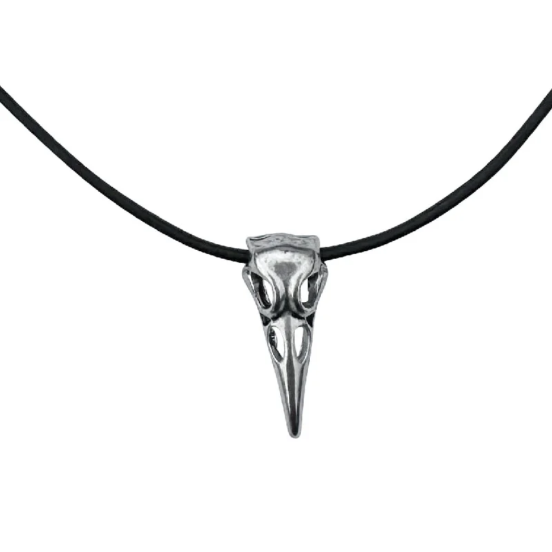 women ruby necklaces -Silver Raven Skull on Fine Black Leather Necklace Cord - 18" to 20"