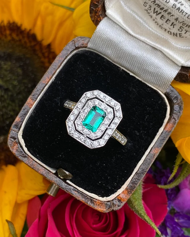 women delicate rings -Art Deco Emerald and Diamond Platinum Ring 0.60ct + 0.60ct