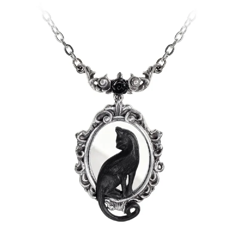 women custom necklaces -Feline Felicity Black Cat Mirror Necklace by Alchemy Gothic