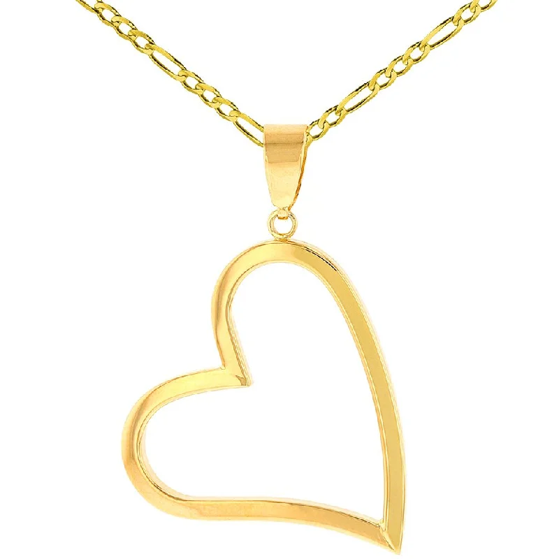 women engraved necklaces -14K Gold Polished Fancy Sideways Heart Pendant with Figaro Necklace - Yellow Gold