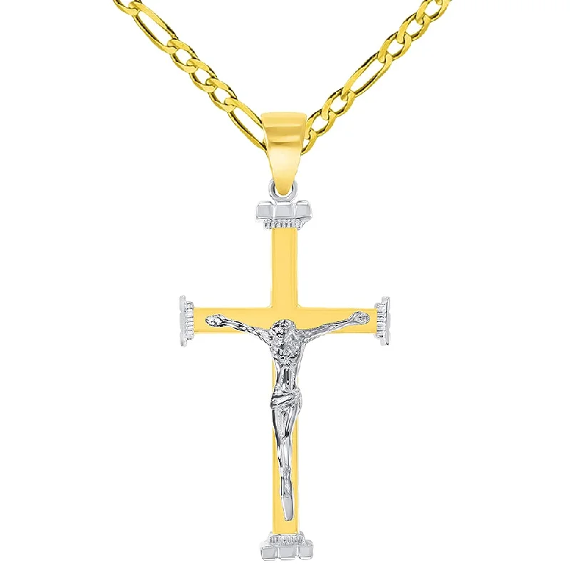 women link necklaces -14k Solid Two-Tone Gold 3D Religious Crucifix Cross Pendant with Figaro Chain Necklace