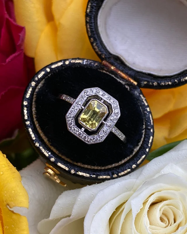 women promise rings -Art Deco Yellow Sapphire and Diamond Platinum Ring 0.20ct + 1.0ct