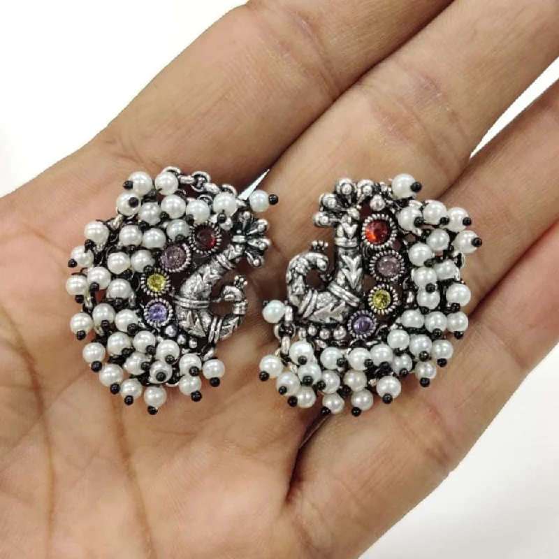 women gemstone stud earrings -Kavita Art Oxidised Plated Austrian Stone Pearl Dangler Earrings