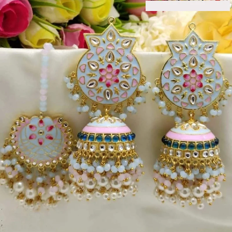 women personalized earrings -Akruti Collection Gold Plated Kundan Stone And Pearls Meenakari Earrings With Maangtikka