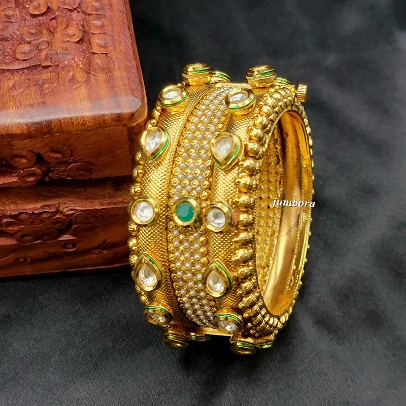 women wedding bracelets -Antique Gold Openable Kundan Bangle Bracelet