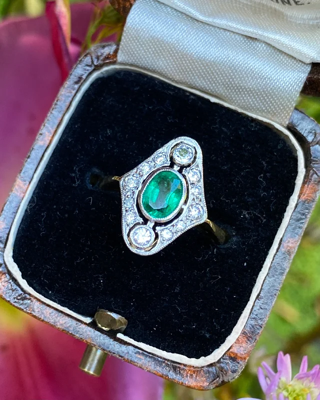 women vintage rings -Art Deco Emerald and Diamond Cluster Ring 18ct Yellow Gold 0.30ct + 0.50ct