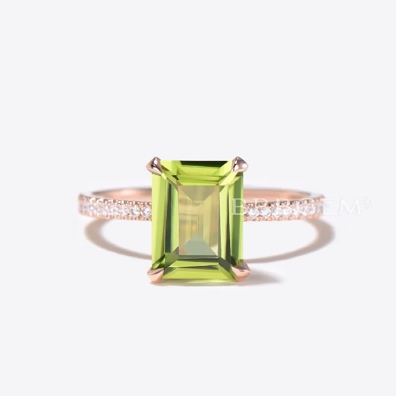 women custom wedding rings -2ct Emerald Peridot Engagement Ring Rose Gold Diamond Wedding Ring