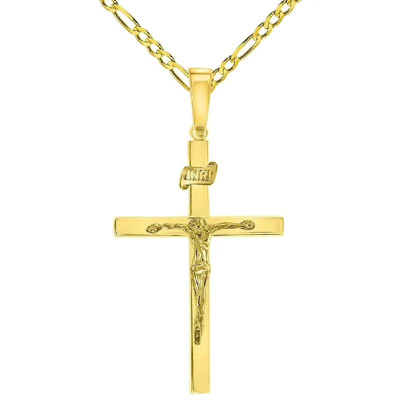 women heart necklaces -14k Yellow Gold 3D INRI Catholic Christian Crucifix Cross Pendant with Figaro Chain Necklace