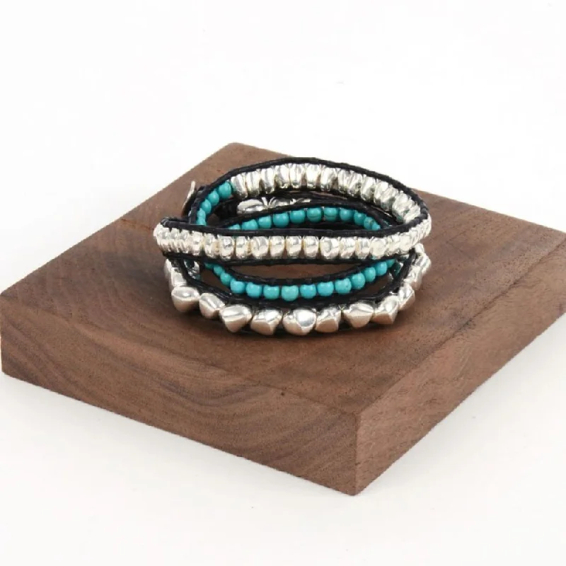 women luxury cuff bracelets -Triple Wrap Nugget & Turquoise Bracelet