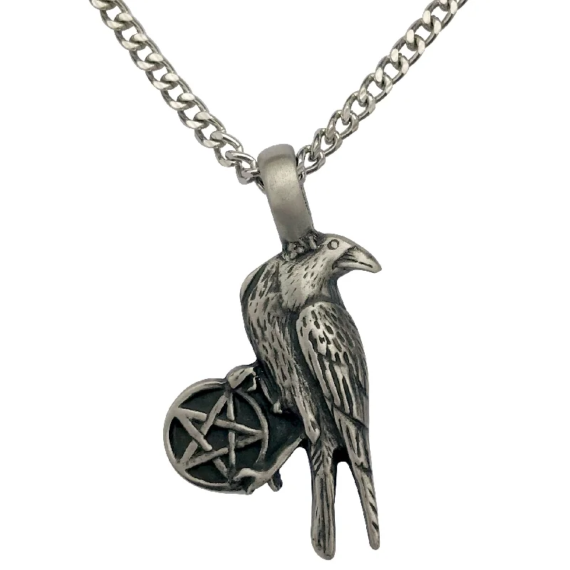 women gemstone pendant necklaces -Pewter Gothic Raven Pentagram Pendant with Extra Large Bail, on Men's Heavy Curb Chain Necklace, 24"