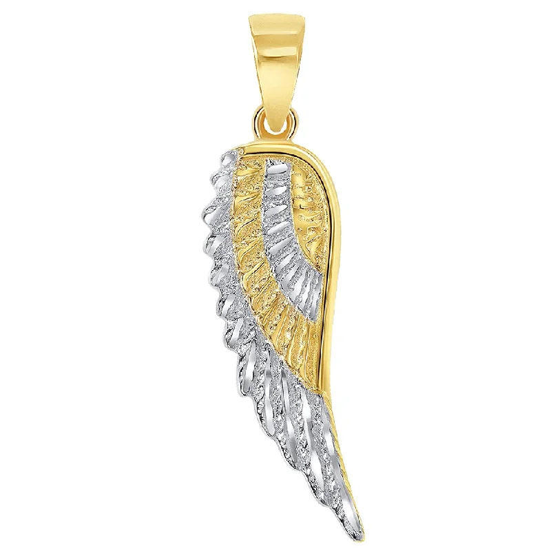 women chic necklaces -Solid 14k Yellow Gold Textured Two-Tone Angel Wing Charm Pendant