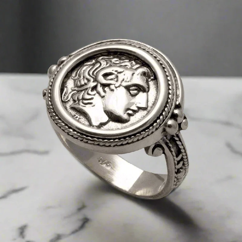 women men’s wedding rings -Alexander the Great Portrait Coin Ring in Sterling Silver (DT-108)