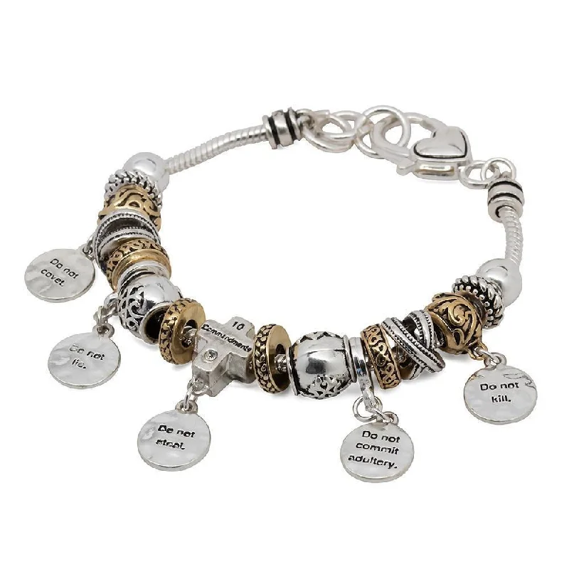 women birthstone bracelets -Charm Bracelet Inspirational Ten Commandment Two Tone