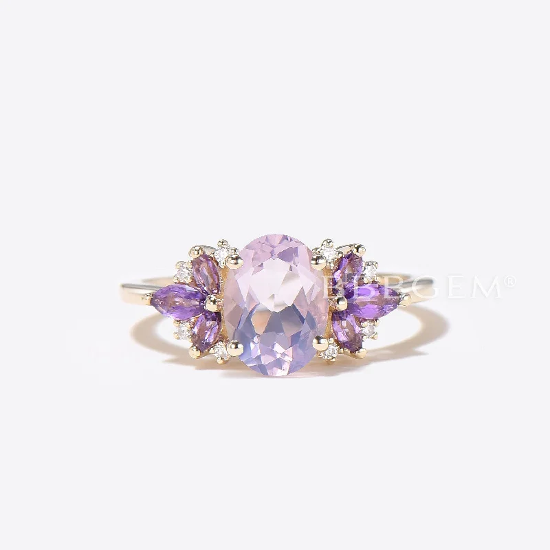 women vintage gold engagement rings -Oval Cut Lavender Amethyst Engagement Ring Cluster Amethyst Ring