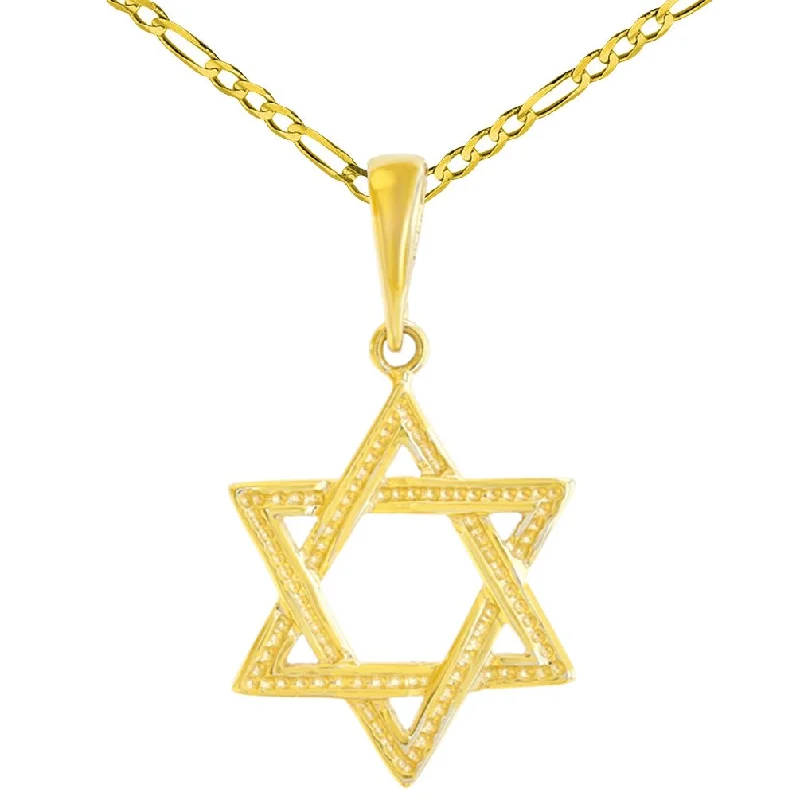 women layered necklaces -Solid 14K Gold Textured Jewish Star of David Charm Pendant Figaro Chain Necklace - Yellow Gold