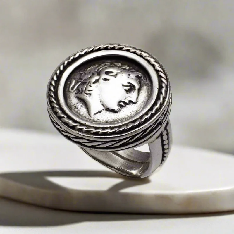 women sterling silver engagement rings -Alexander the Great Portrait Coin Ring in Sterling Silver (DT-114)