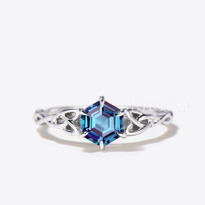 women luxury diamond engagement rings -Hexagon Cut Color-change Alexandrite Engagement Ring Celtic Knot Solitaire Ring