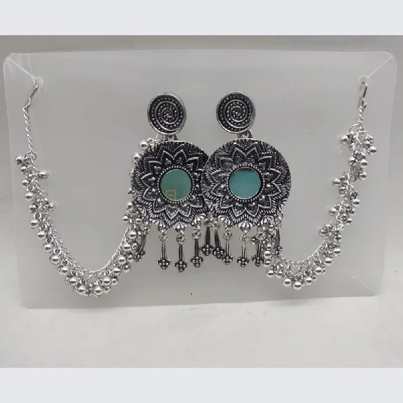 women chain earrings -SNERA Oxidised Plated Mirror Kan Chain Dangler Earrings