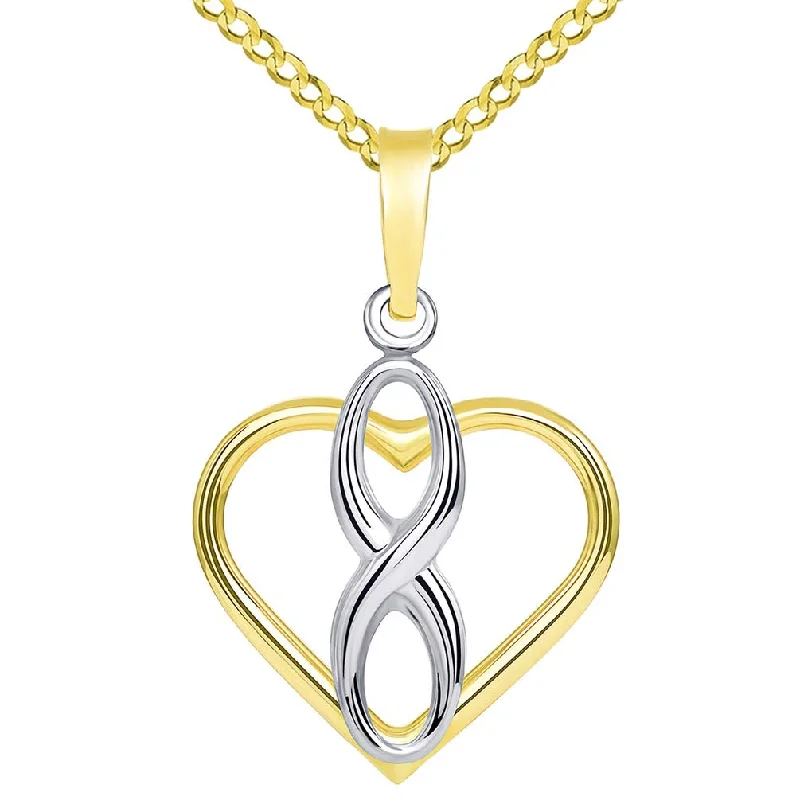 women simple pendant necklaces -14k Gold Vertical Infinity Sign in Open Heart Pendant with Cuban Necklace - Two-Tone Gold