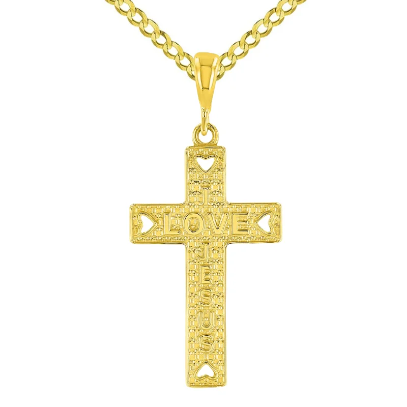 women stylish necklaces -14K Gold I Love Jesus Cross Charm Pendant Cuban Concave Necklace - Yellow Gold