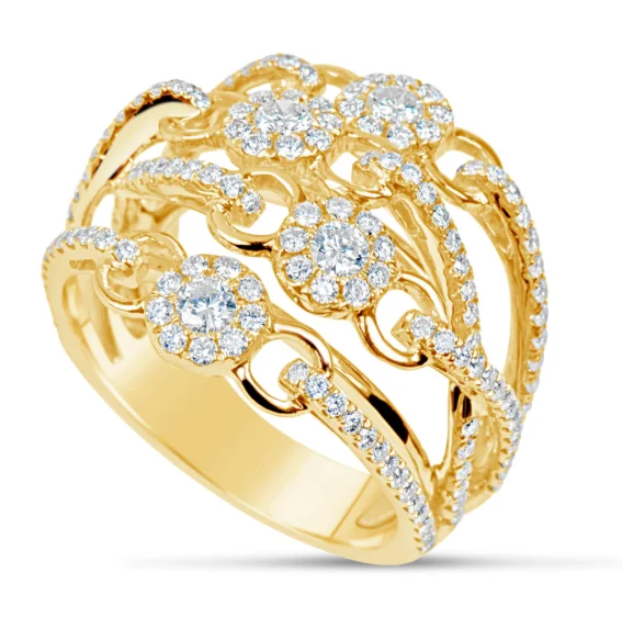 women eternity engagement rings -18kt Yellow Gold Multi Row Diamond Floral Ring (1.45 ctw)