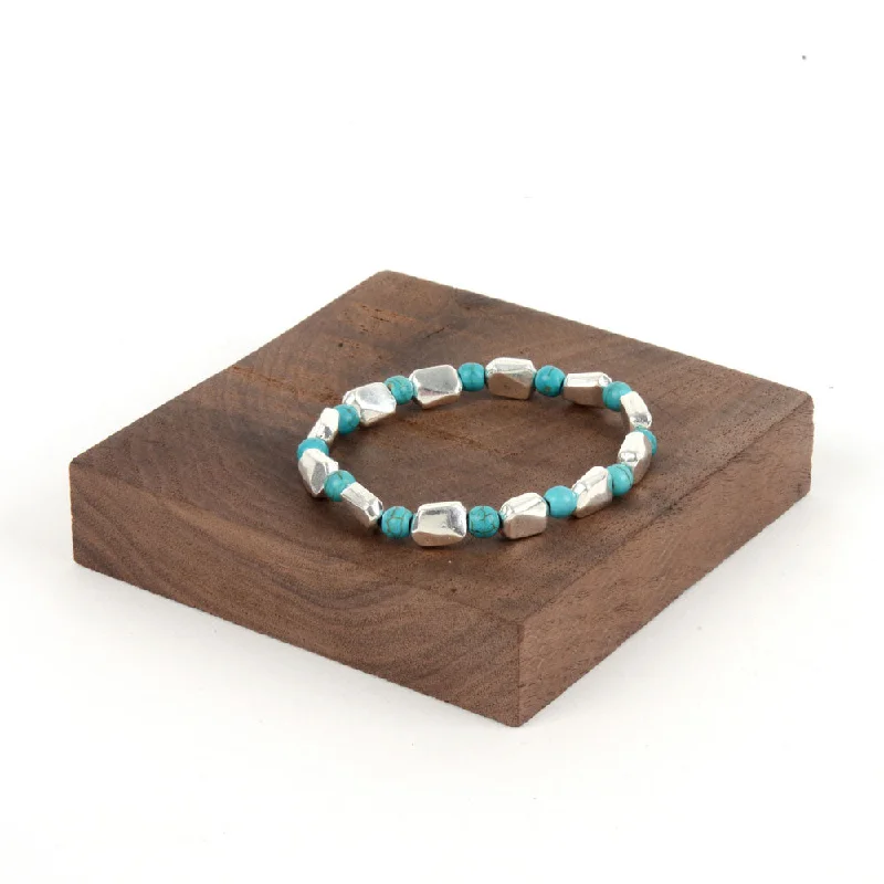 women beaded bracelets -Aqua Stone & Silver Elastic Bracelet