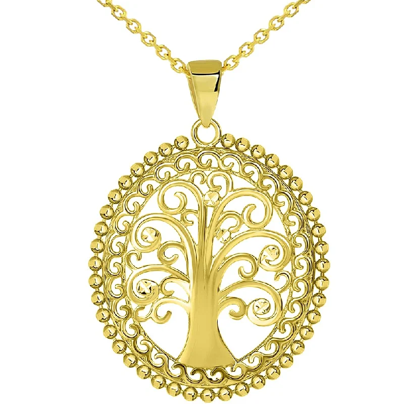 women heart necklaces -14k Yellow Gold Oval Budded Tree of Life Charm Pendant Available with Rolo Cable, Curb, or Figaro Chain Necklaces