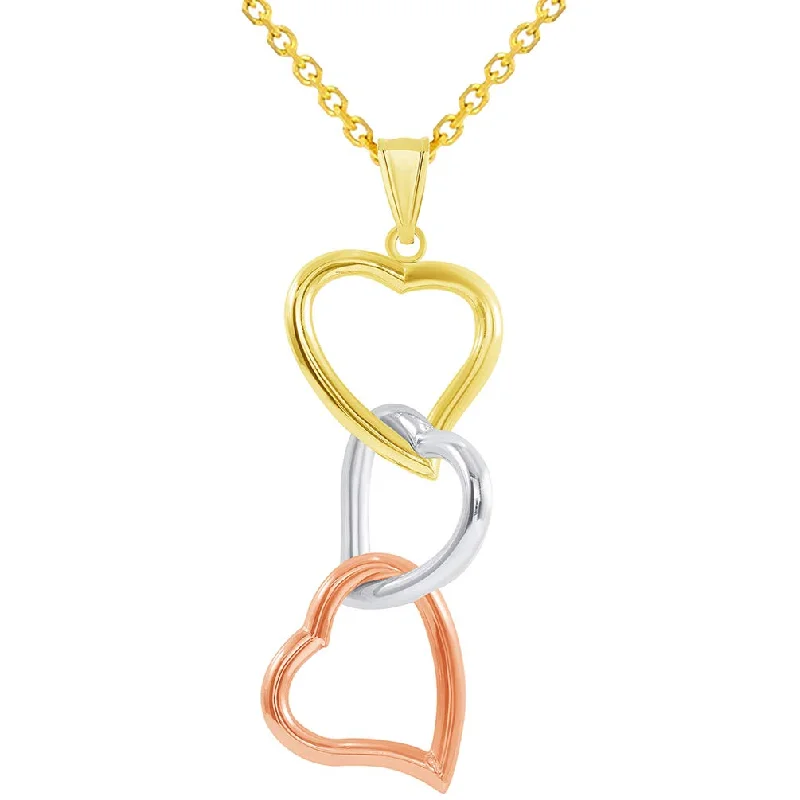 women chain necklaces -14k Tri-Color Gold Three Hearts Interlocking Dangling Down Pendant Necklace