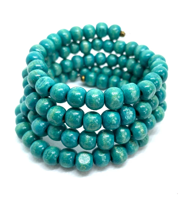 women handmade bracelets -Wood 5-Wrap Coiled Bracelet - Turquoise