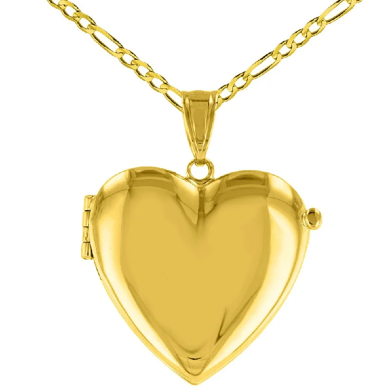 women diamond pendant necklaces -14K Solid Yellow Gold Heart Shaped Locket Charm Pendant with Figaro Chain Necklace