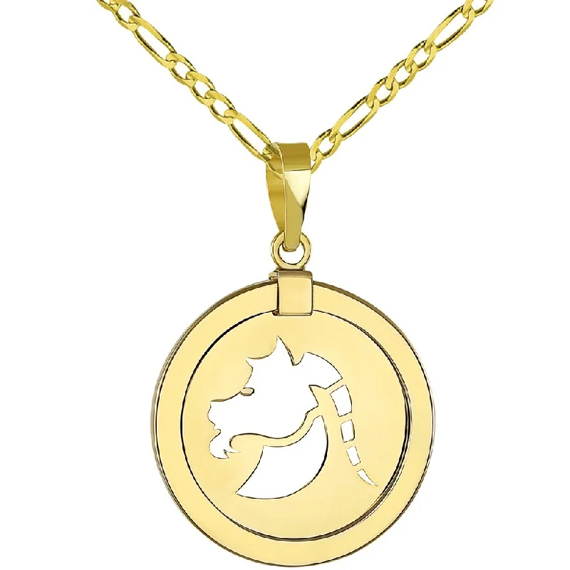 women moon necklaces -14K Gold Reversible Round Capricorn Goat Zodiac Sign Pendant with Figaro Chain Necklace - Yellow Gold