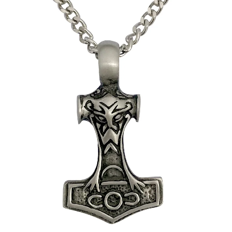 women engraved gold necklaces -Pewter Thors Hammer Mjolnir Pendant with Extra Large Bail, on Men's Heavy Curb Chain Necklace, 24"