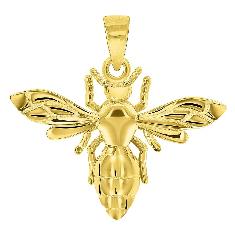 women tassel necklaces -14k Yellow Gold Well Detailed 3D Honey Bee Charm Bumblebee Insect Pendant