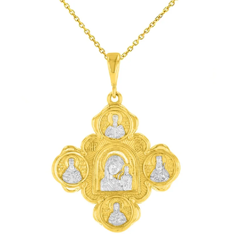 women gemstone pendant necklaces -14K Gold Mother of God Virgin Mary with Jesus & Saints Cross Pendant Necklace - Yellow Gold